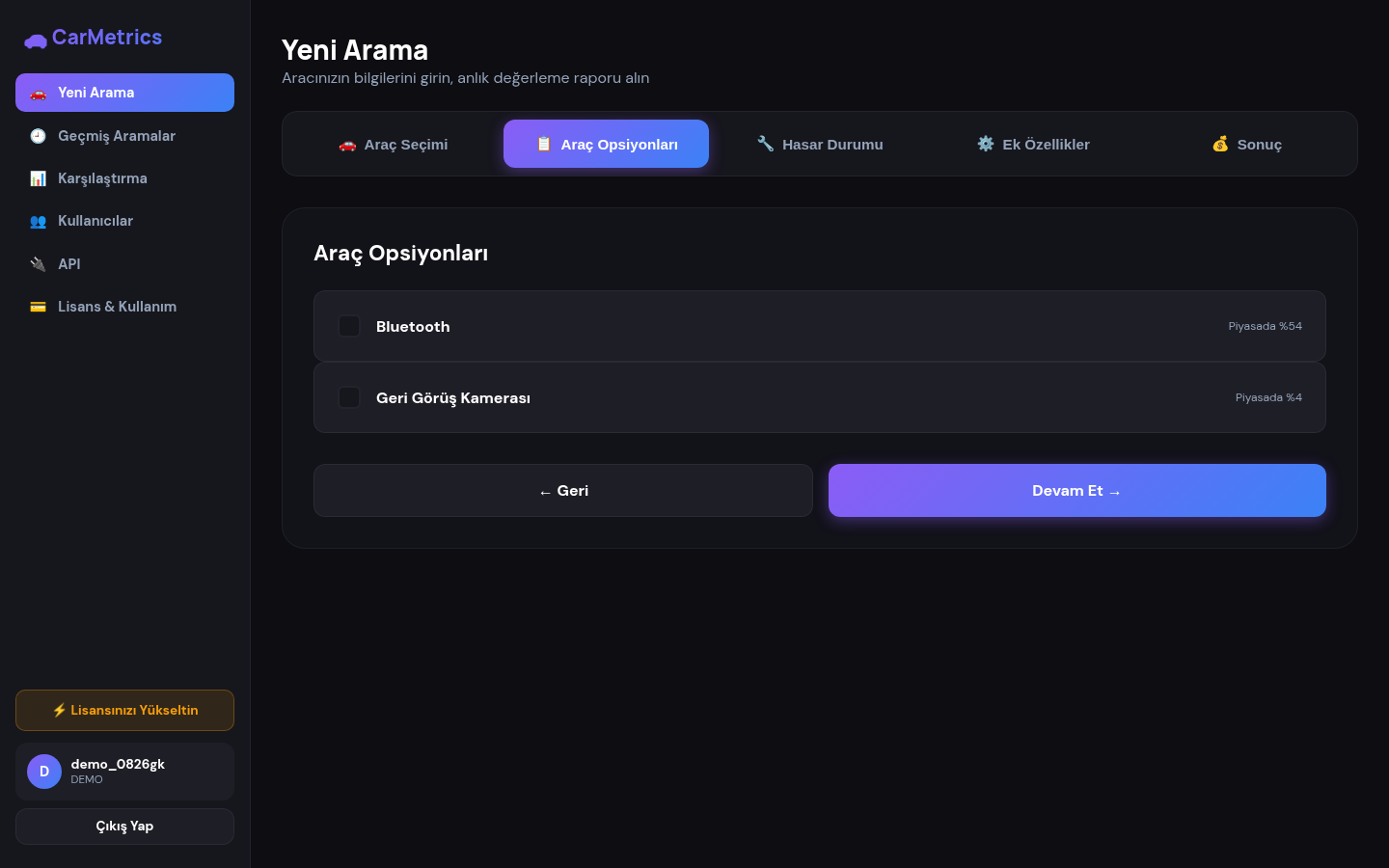 Araç opsiyonları ekranı, piyasa görülme oranlarıyla